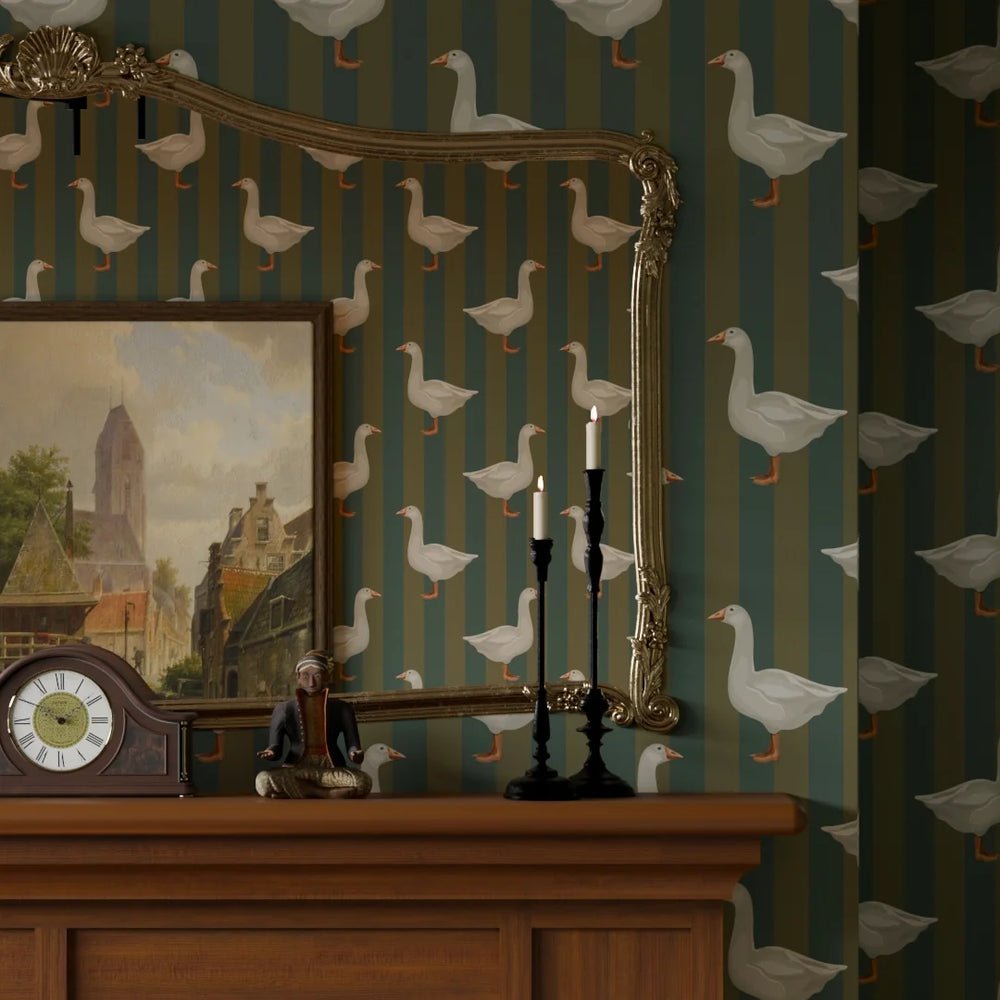 Guard Goose Wallpaper - Gentleman Green and Pine Green - LAN100234 - Lucie Annabel - Premier Wallcovering