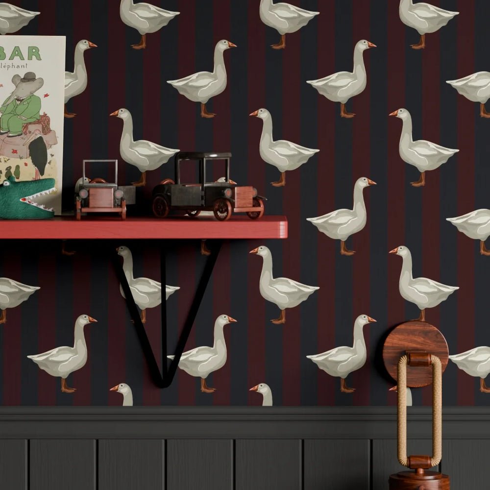 Guard Goose Wallpaper - Garnet and Oxford Blue - LAN100235 - Lucie Annabel - Premier Wallcovering