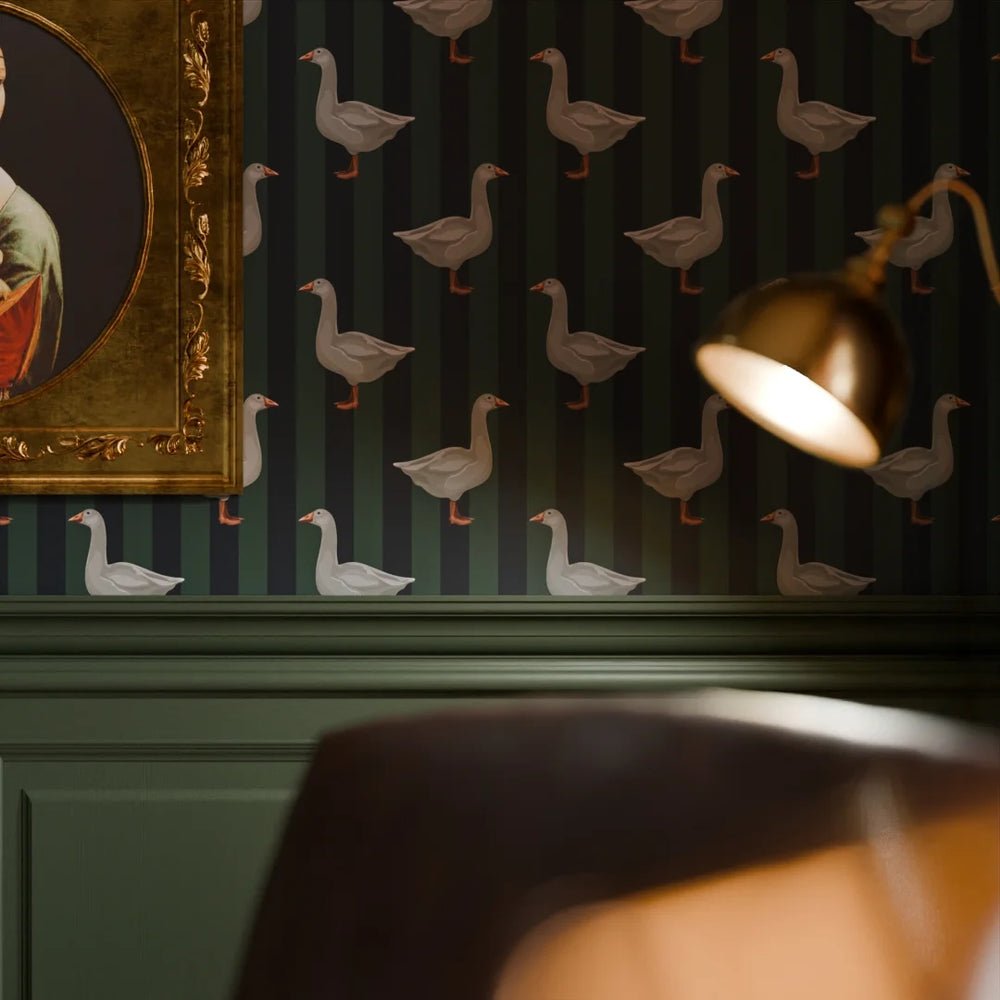 Guard Goose Wallpaper - Oxford Blue and Pine Green - LAN100236 - Lucie Annabel - Premier Wallcovering