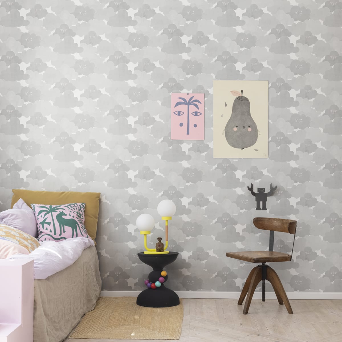 Happy Clouds Wallpaper - Graphite - Rebel Walls - R18143 - Premier Wallcovering