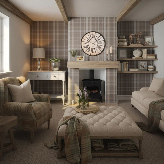 Heritage Tartan Wallpaper - Earl Blue and Vintage Cream on Earl Grey - LAN100117 - Lucie Annabel - Premier Wallcovering