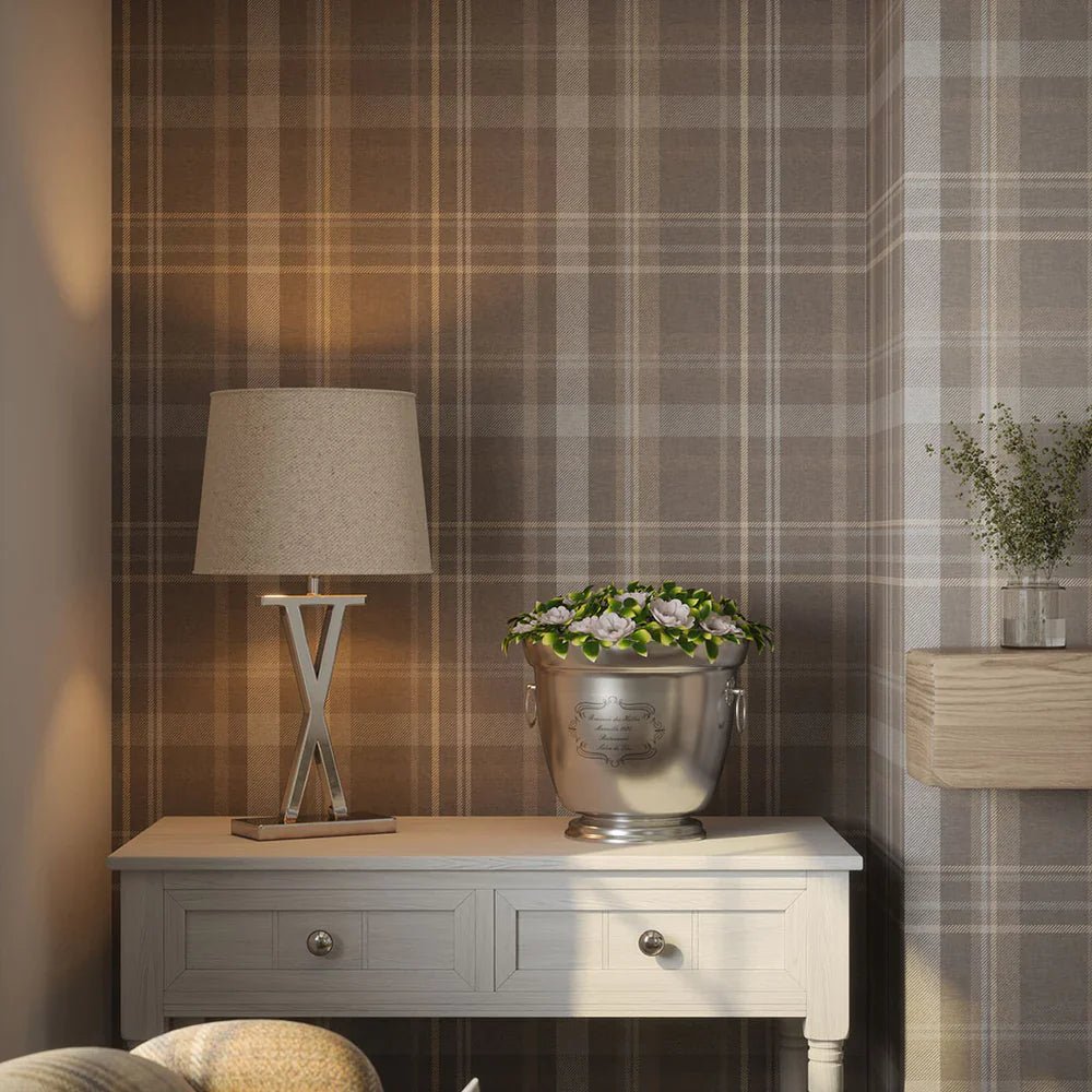 Heritage Tartan Wallpaper - Earl Blue and Vintage Cream on Earl Grey - LAN100117 - Lucie Annabel - Premier Wallcovering