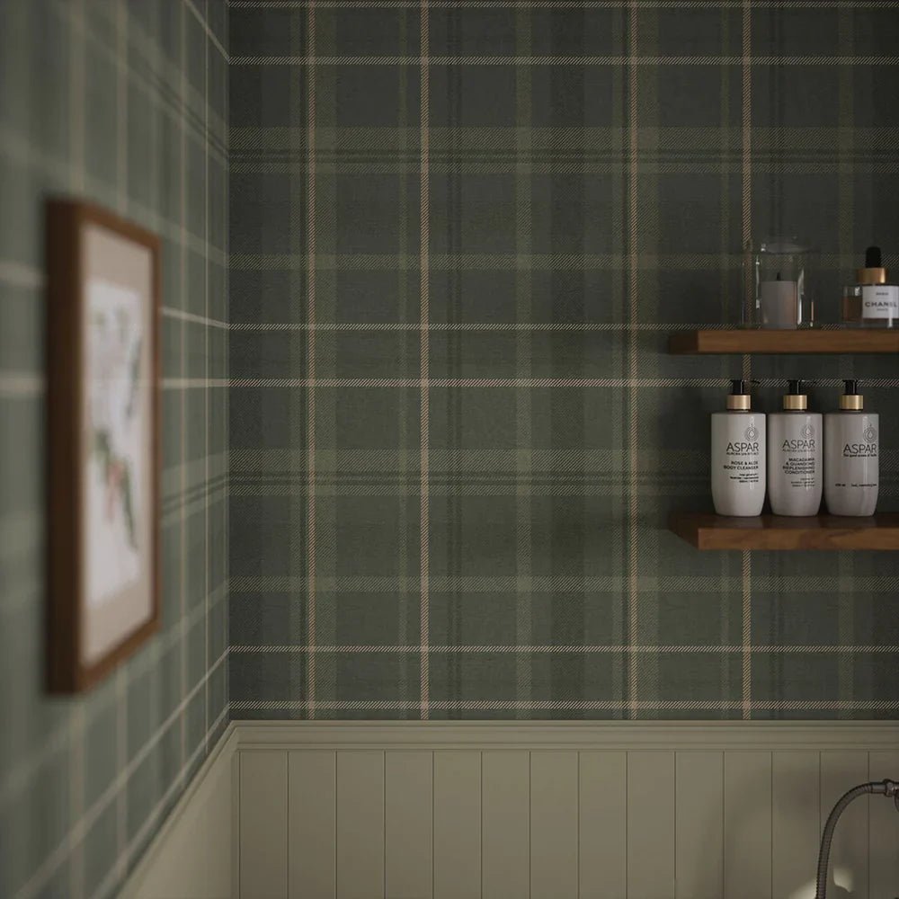 Heritage Tartan Wallpaper - Nettle Green and Vintage Cream - LAN100076 - Lucie Annabel - Premier Wallcovering
