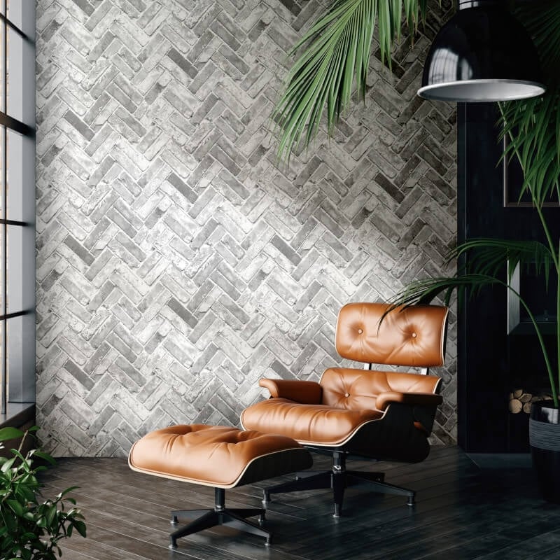 Herringbone Brick Wallpaper - Grey - Muriva - 174502 - Premier Wallcovering