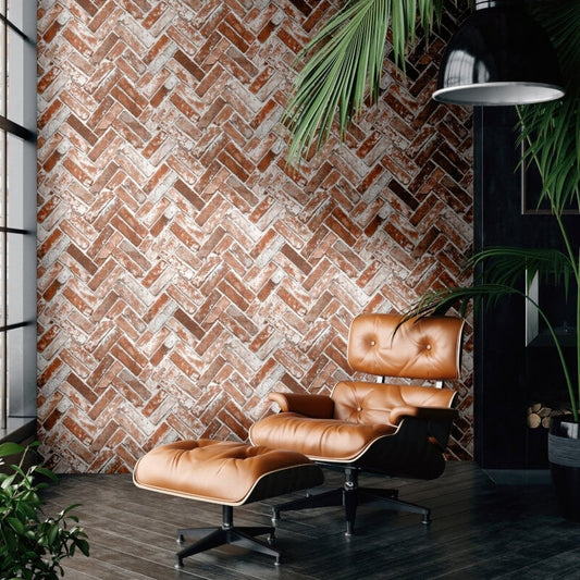 Herringbone Brick Wallpaper - Red - Muriva - 174501 - Premier Wallcovering
