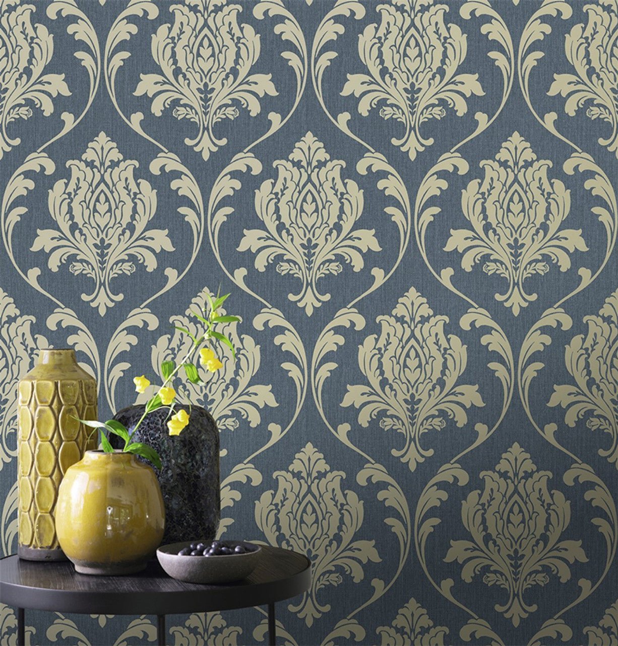 Highgrove Damask Wallpaper - Gold & Navy - Rasch - 274997 - Premier Wallcovering