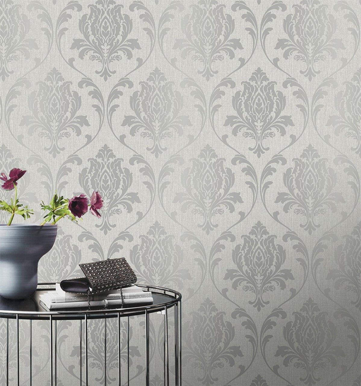 Highgrove Damask Wallpaper - Silver & Grey - Rasch - 274980 - Premier Wallcovering