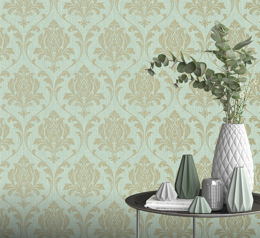 Highgrove Damask Wallpaper - Gold & Teal - Rasch - 274973 - Premier Wallcovering