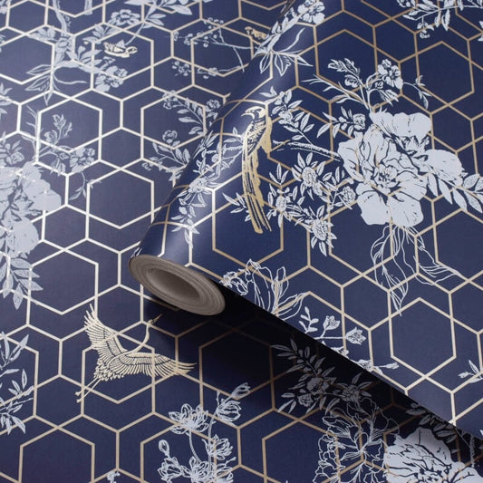 Himara Geo Floral Metallic Wallpaper - Blue/Gold - Lipsy London - 144070 - Premier Wallcovering