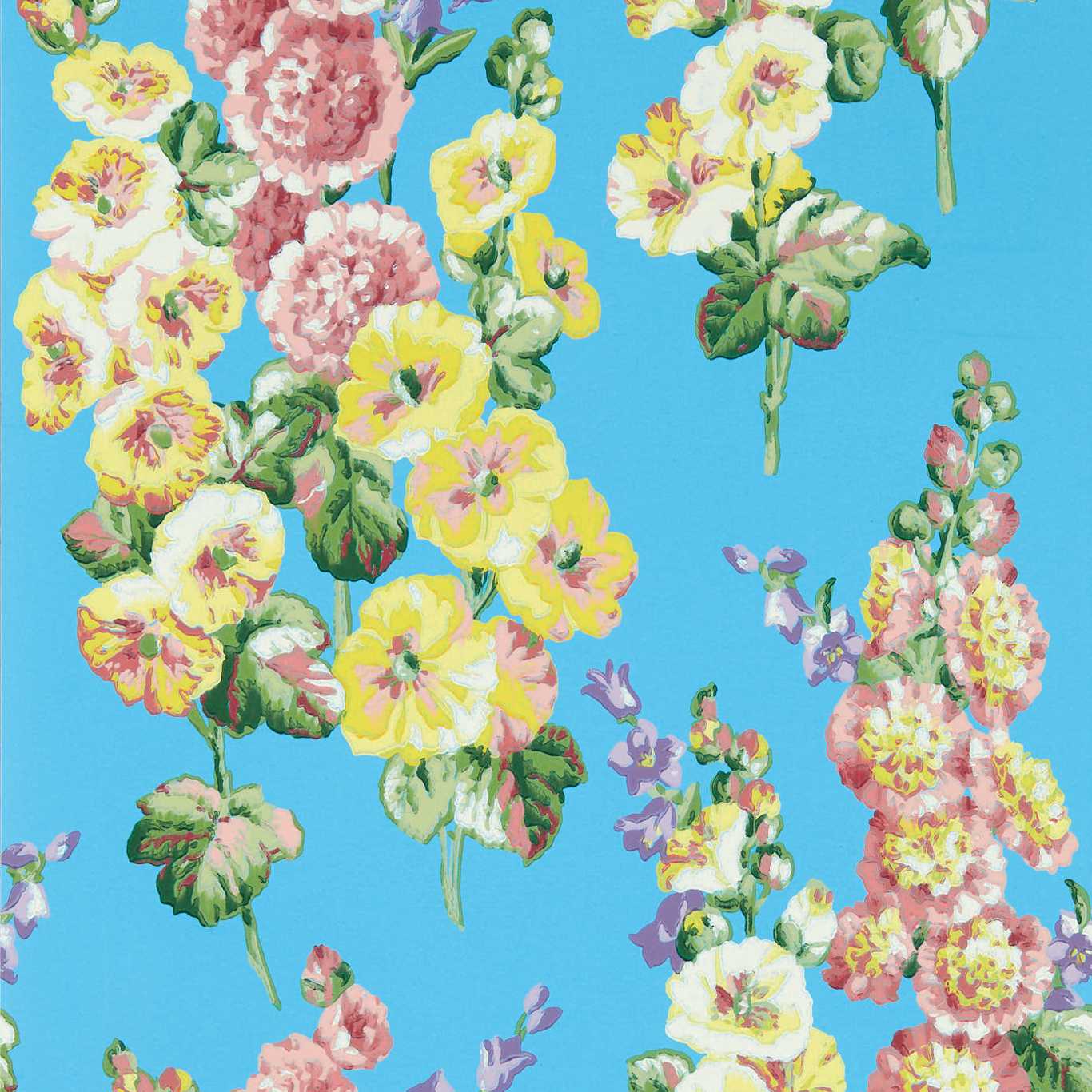 Hollyhocks Wallpaper - Fire Pink/Bright Blue - DOSW217033 - Sanderson - Premier Wallcovering