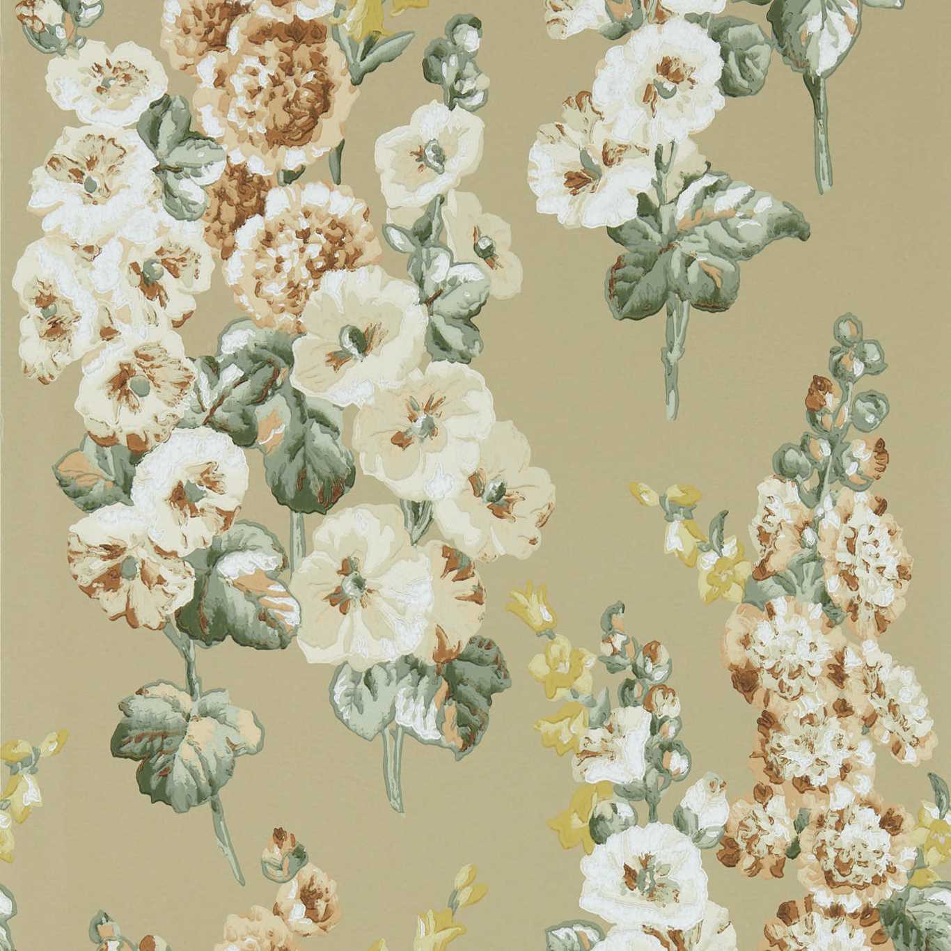 Hollyhocks Wallpaper - Gold Metallic/Tan - DOSW217034 - Sanderson - Premier Wallcovering