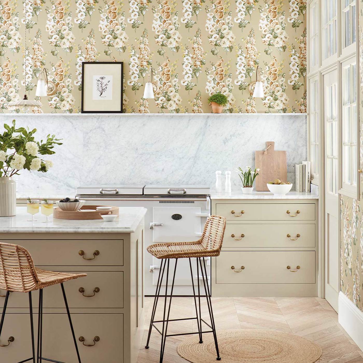 Hollyhocks Wallpaper - Gold Metallic/Tan - DOSW217034 - Sanderson - Premier Wallcovering