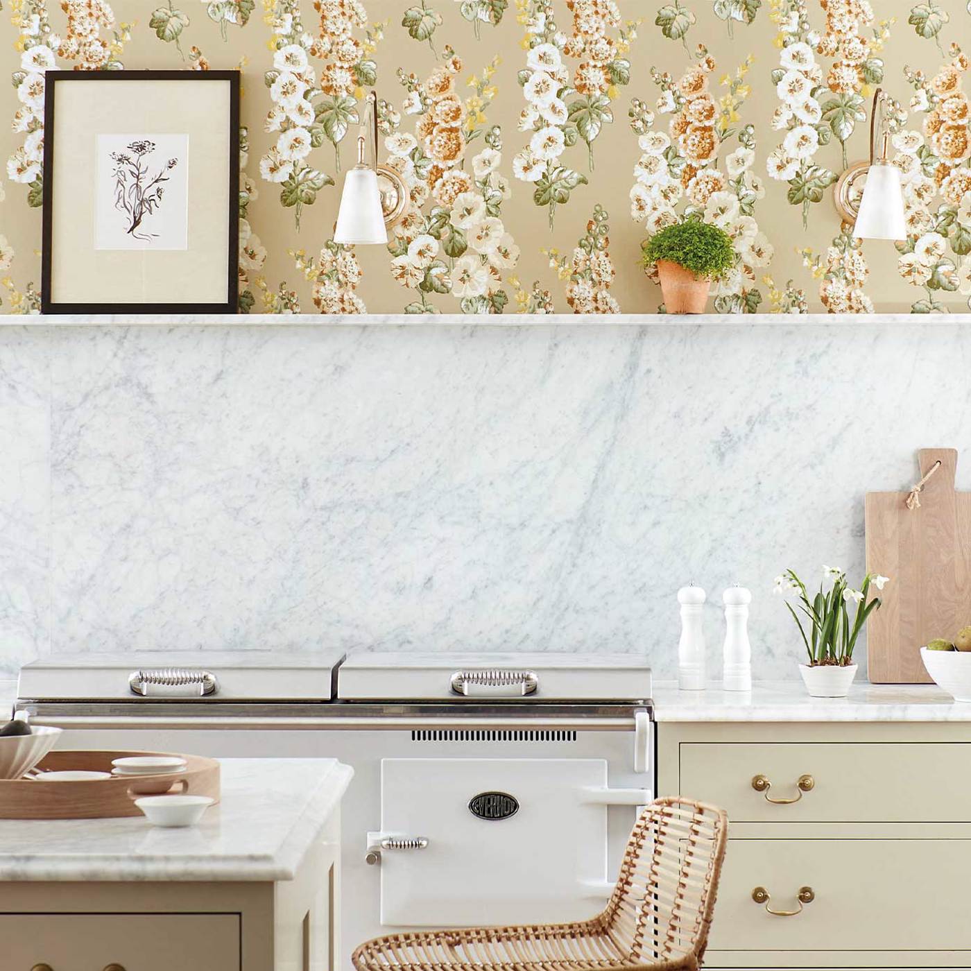 Hollyhocks Wallpaper - Gold Metallic/Tan - DOSW217034 - Sanderson - Premier Wallcovering