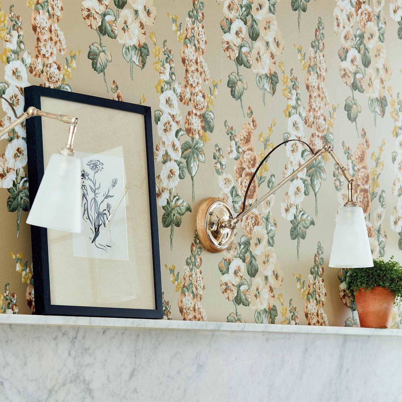 Hollyhocks Wallpaper - Gold Metallic/Tan - DOSW217034 - Sanderson - Premier Wallcovering