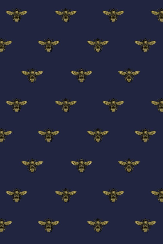 Honey Bee Velvet Fabric - Black & Pale Gold on Navy - Timorous Beasties - VHYB/8818/05 - Premier Wallcovering