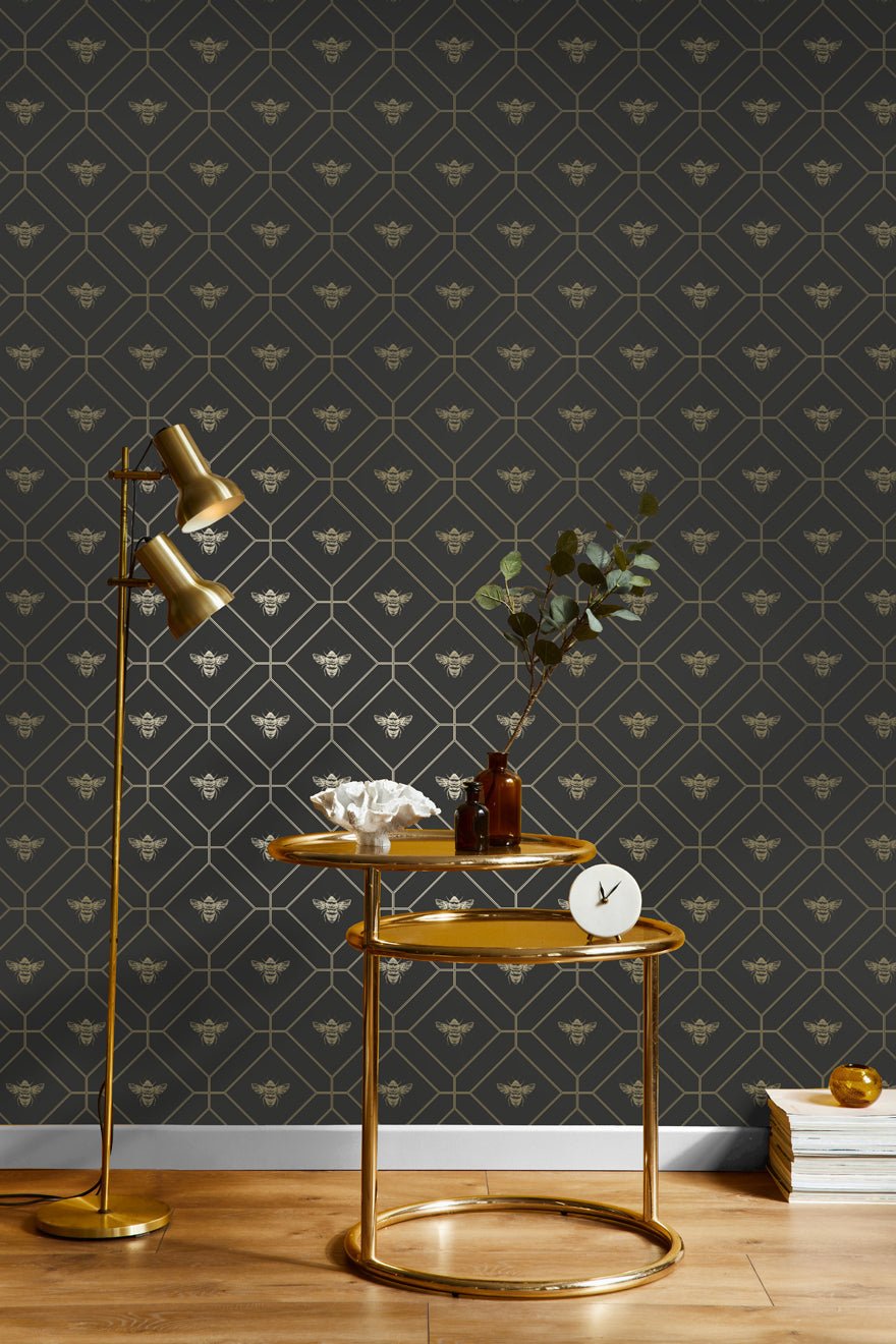 Honeycomb Bee Wallpaper - Charcoal_Gold - Holden Décor - 13081 - Premier Wallcovering