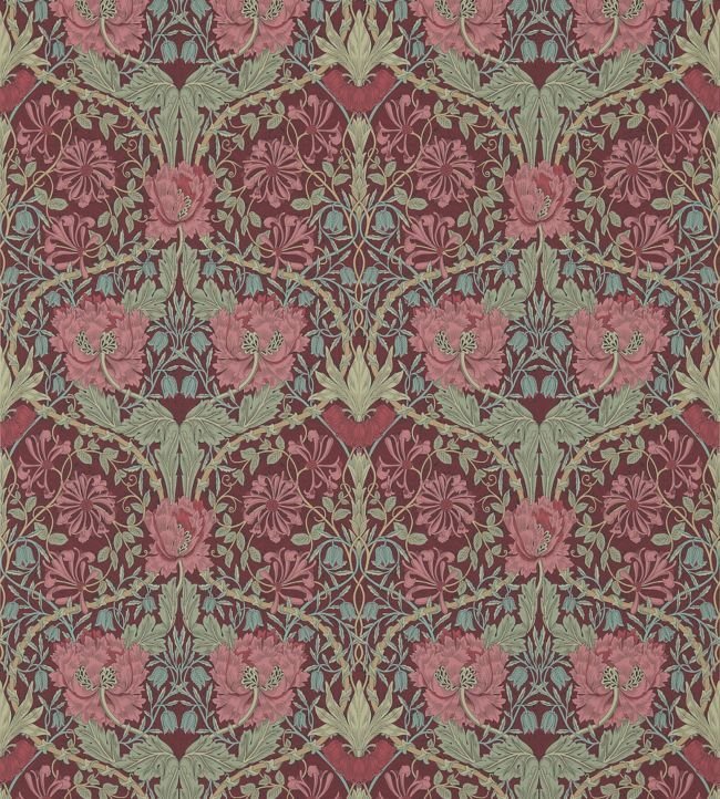 Honeysuckle & Tulip Wallpaper - Burgundy/Sage - 214703 - Morris & Co - Premier Wallcovering