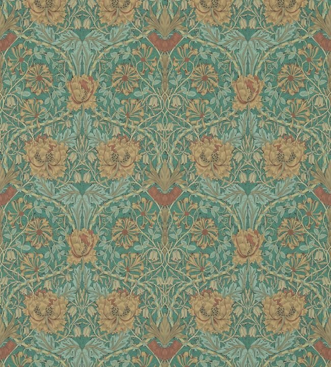 Honeysuckle & Tulip Wallpaper - Emerald/Russet - 214704 - Morris & Co - Premier Wallcovering