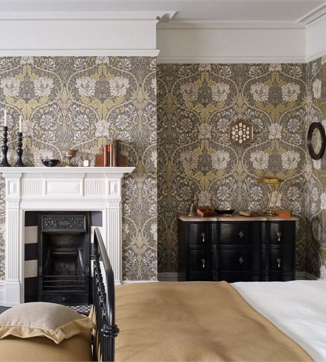 Honeysuckle & Tulip Wallpaper - Charcoal/Gold - 214701 - Morris & Co - Premier Wallcovering