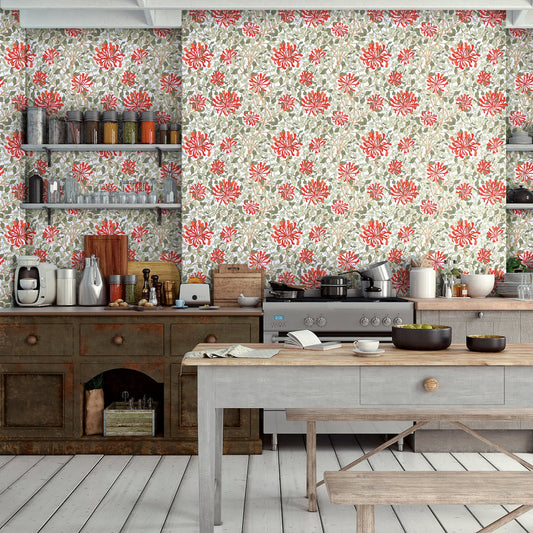 Morris Collections - 1117 - Honeysuckle Wallpaper - Crimson Red - Premier Wallcovering