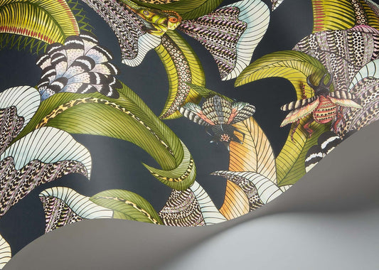 Hoopoe Leaves Wallpaper - Olive Green, Chartreuse & Fuchsia on Black - 119/1002 - Cole & Son - Premier Wallcovering