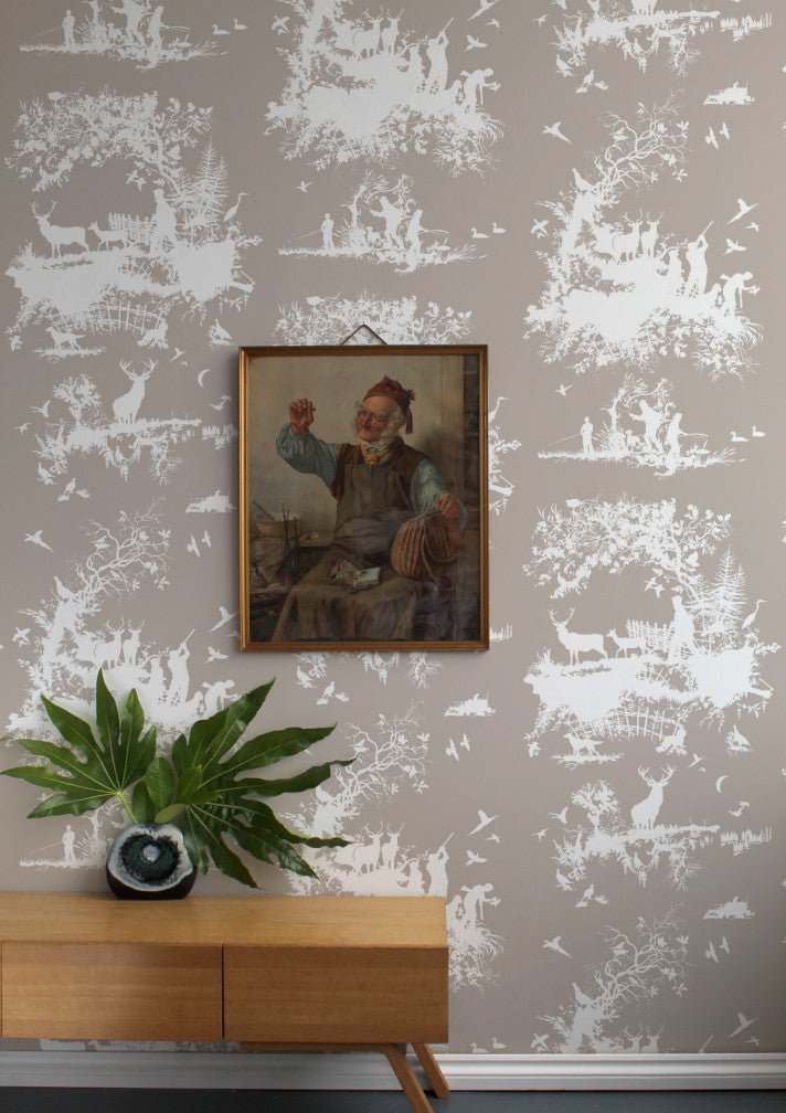 Hunting Toile Wallpaper - White on Stone - Timorous Beasties - TB/HTOIL/4008/06 - Premier Wallcovering