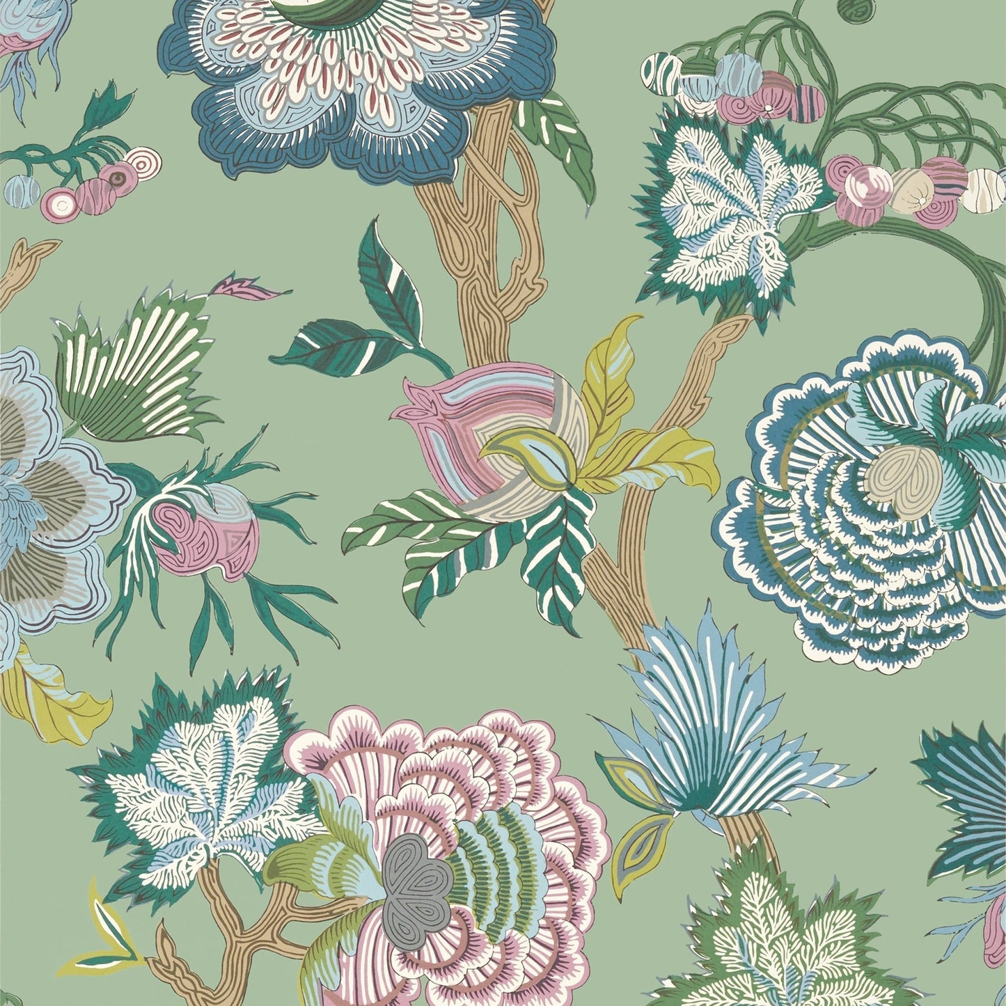 Indienne Jacobean Wallpaper - Green - Thibaut - T36416 - Premier Wallcovering