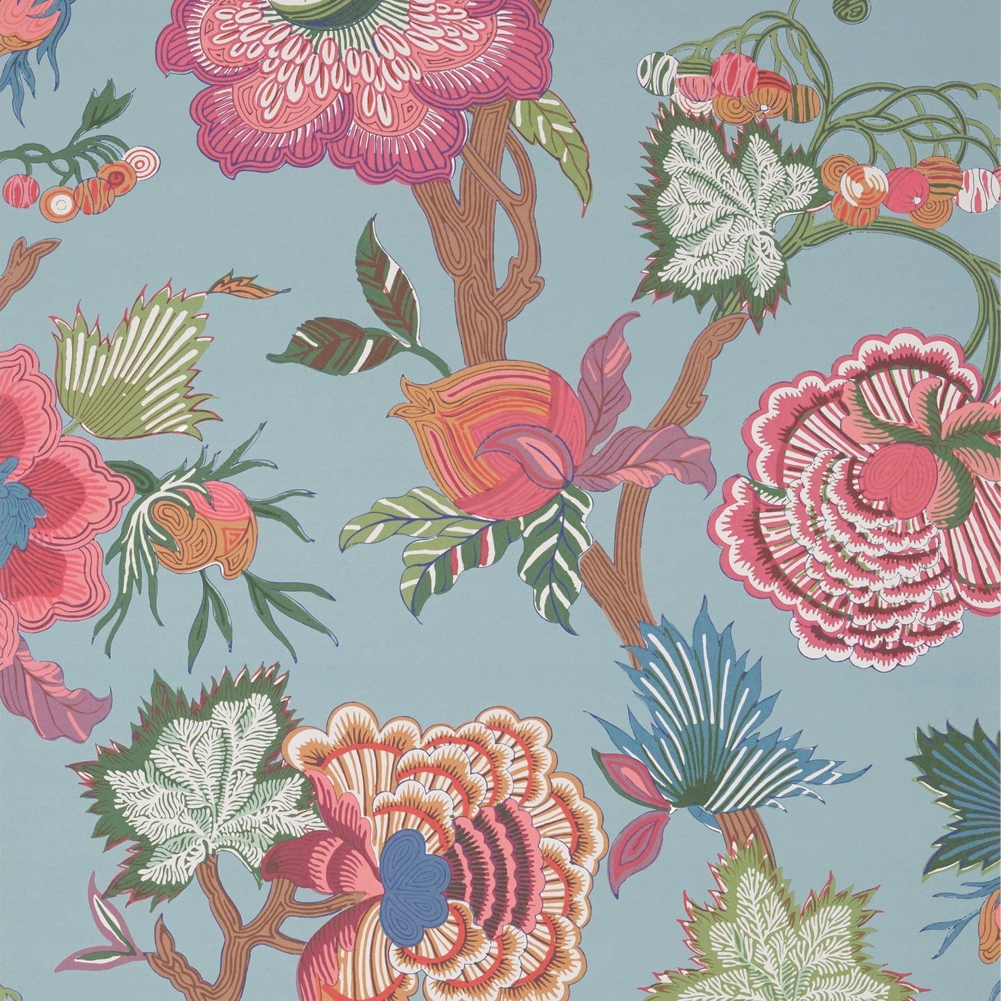 Indienne Jacobean Wallpaper - Raspberry & Teal - Thibaut - T36415 - Premier Wallcovering