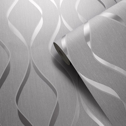 Indra Geo Wave Metallic Wallpaper - Grey/Silver - Muriva - 154112 - Premier Wallcovering