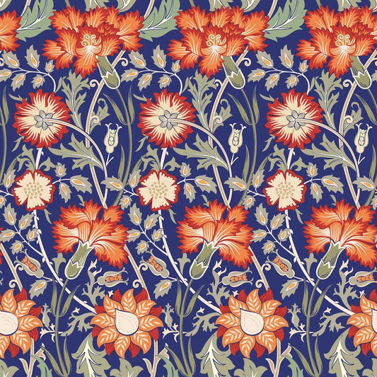 Morris Collections - 1095 - Iris & Chrysanthemum Wallpaper - Azure Blue Red - Premier Wallcovering