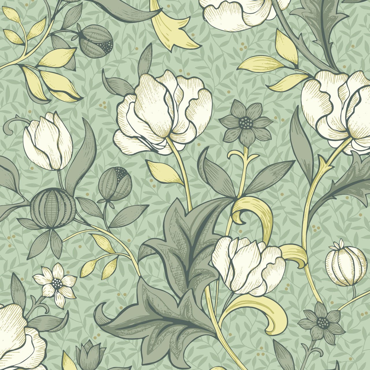 Isabella Arts and Crafts Wallpaper - Vert Amande - Casadeco - 86347328 - Premier Wallcovering