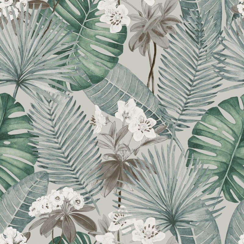 Isla Leaf Wallpaper - Grey/Green - Muriva - M37809 - Premier Wallcovering