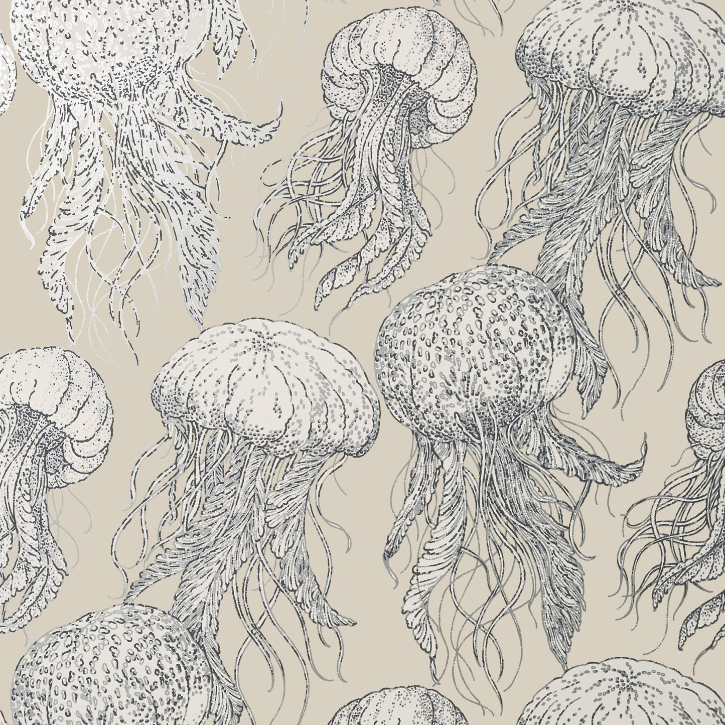 Jelly Fish Bloom Wallpaper - Silver on Beige - Thibaut - T13169 - Premier Wallcovering