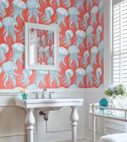 Jelly Fish Bloom Wallpaper - Blue & Beige - Thibaut - T13168 - Premier Wallcovering