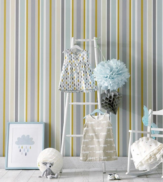 Jelly Tot Stripe Wallpaper - Slate / Biscuit / Maize - NSCK111262 - Scion - Premier Wallcovering