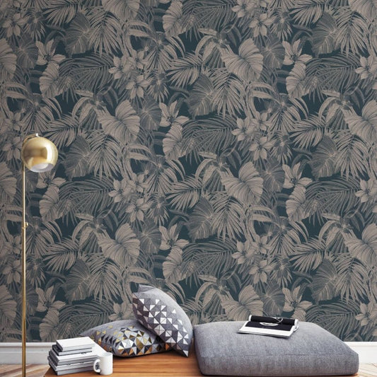 Joelle Leaf Metallic Wallpaper - Blue/Rose Gold - Grandeco - A51301 - Premier Wallcovering