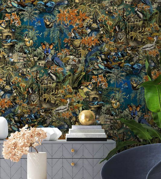 Jungle Life Wallpaper - Orange & Blue - Brand McKenzie - BMPP004/05D - Premier Wallcovering