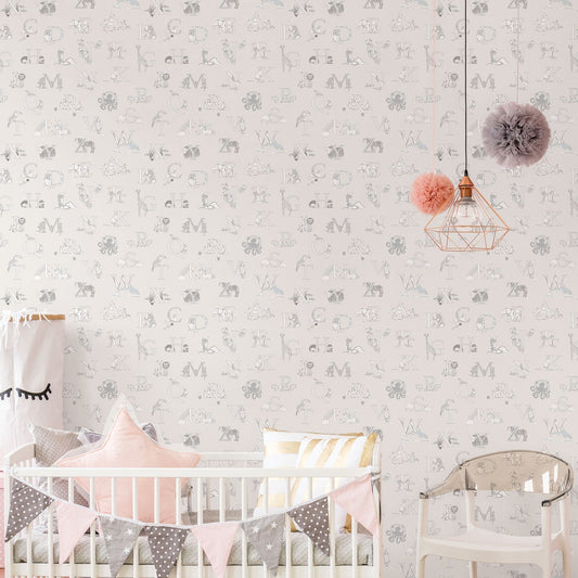 Just 4 Kids 2 Alphabet Wallpaper - Grey / White - Galerie - G56536 - Premier Wallcovering