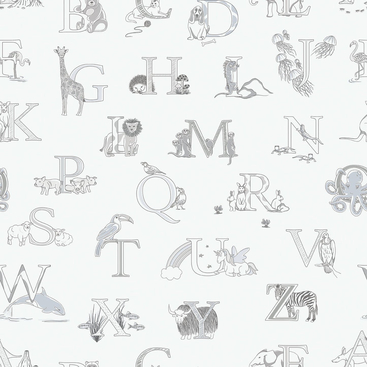 Just 4 Kids 2 Alphabet Wallpaper - Grey / White - Galerie - G56536 - Premier Wallcovering