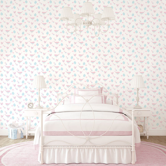 Just 4 Kids 2 Birds Wallpaper - Pink / Aqua - Galerie - G56539 - Premier Wallcovering
