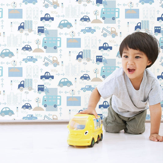 Just 4 Kids 2 City Traffic Wallpaper - Blue / White - Galerie - G56009 - Premier Wallcovering