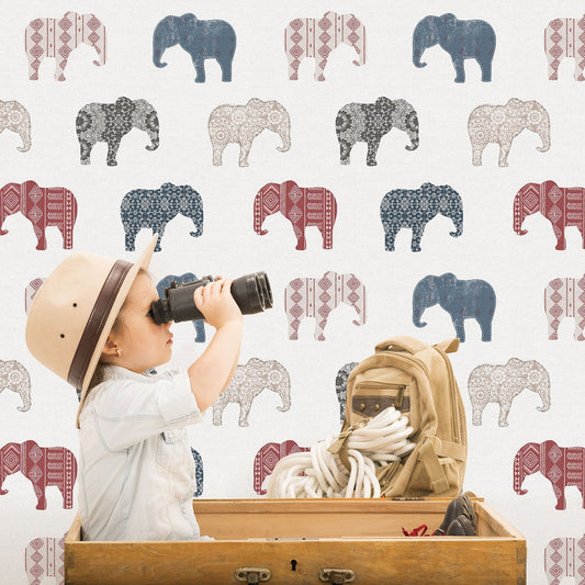 Just 4 Kids 2 Elephants Wallpaper - Red / Beige - Galerie - G56526 - Premier Wallcovering