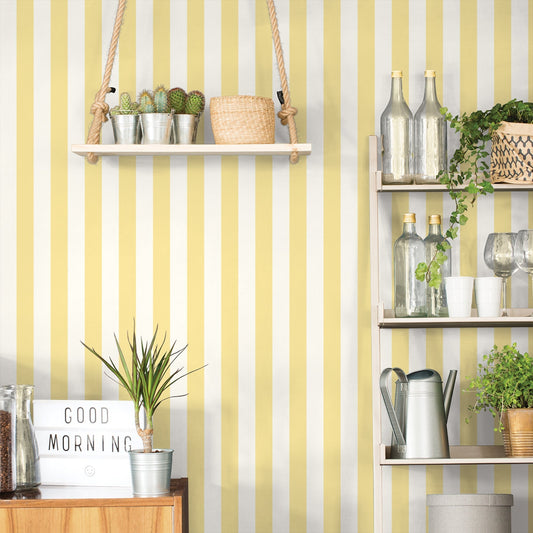Just Kitchens Awning Stripe Wallpaper - Yellow / White - Galerie - G45400 - Premier Wallcovering