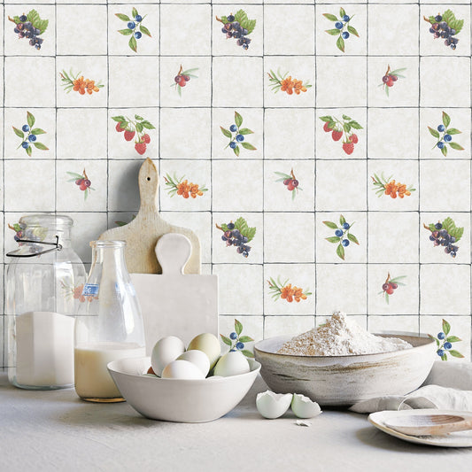 Just Kitchens Fruit Tile Wallpaper - Taupe / Red / Blue - Galerie - G45417 - Premier Wallcovering