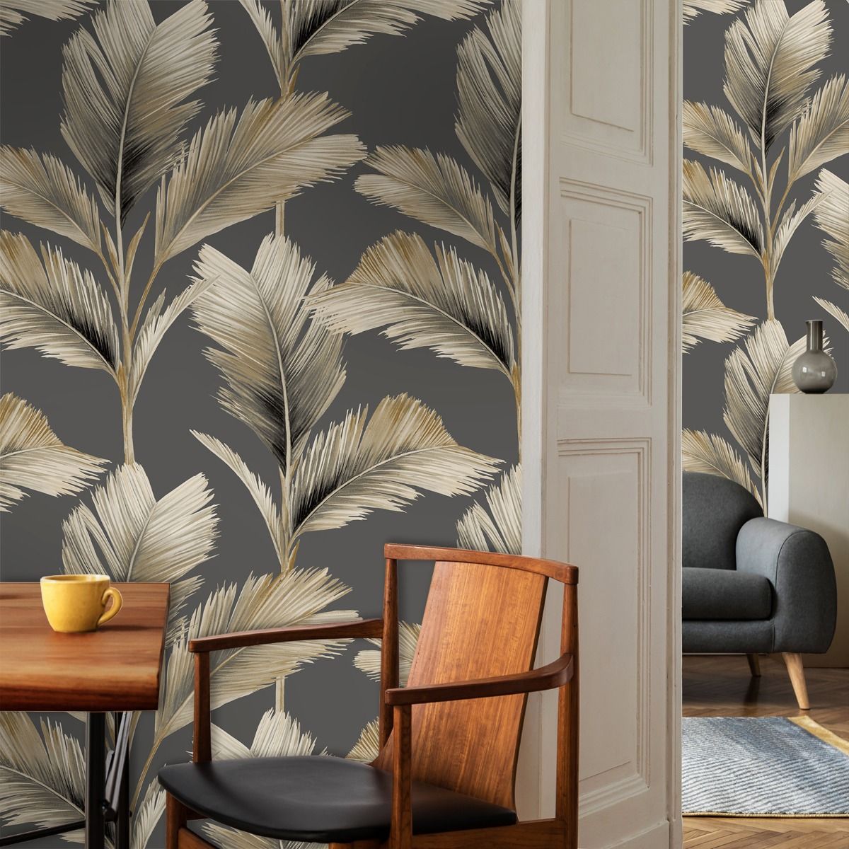 Kailani Leaf Wallpaper - Charcoal / Natural - Belgravia - 59116 - Premier Wallcovering