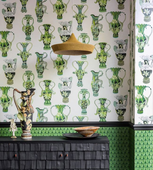 Khulu Vases Wallpaper - Multi Greens on Pale Cream - 109/12056 - Cole & Son - Premier Wallcovering