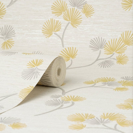 Kira Oriental Floral Tree Metallic Wallpaper - Mustard/Grey - Fine Décor - FD43309 - Premier Wallcovering
