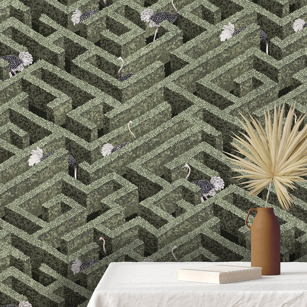 Labyrinth with Ostriches Wallpaper - Eucalyptus - Josephine Munsey - JMW-101001 - Premier Wallcovering