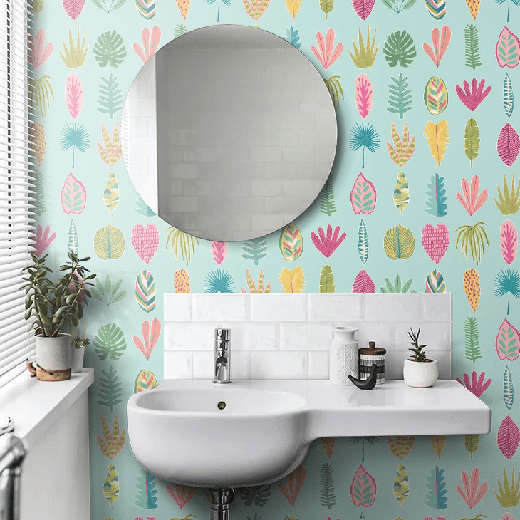 Leaf Boogie Wallpaper - Aqua & Raspberry - Ohpopsi - GHS50109W - Premier Wallcovering