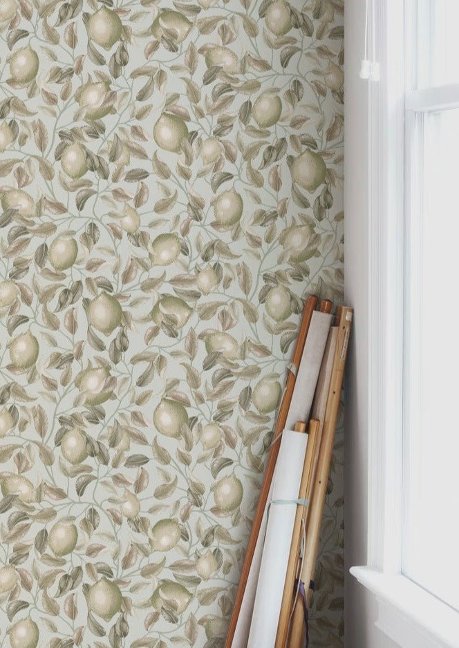 Lemon Trees Wallpaper - Seagrass Green - Summer Gray - Premier Wallcovering